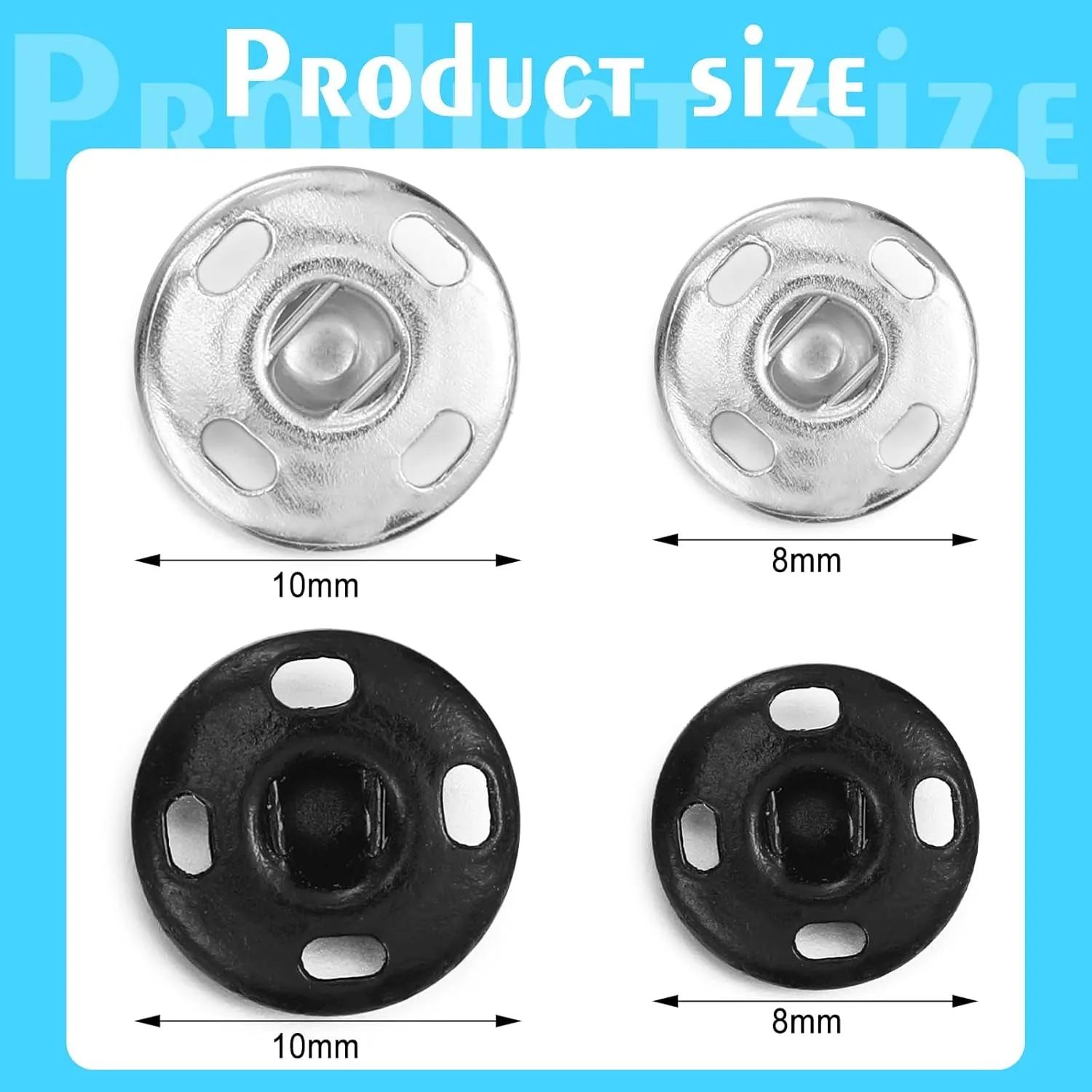 100 Sets Sew-On Snap Buttons Metal Snap Fastener Buttons Press Button for Sewing Clothing, Black and Silvery (8Mm,10Mm)