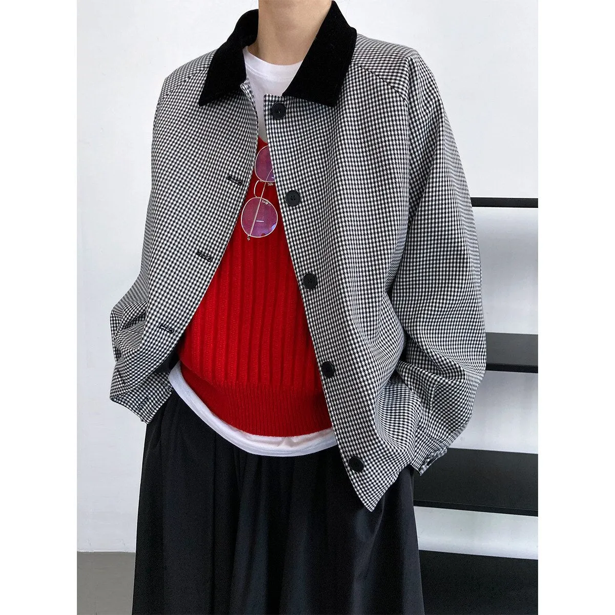 American style retro bird check small lapel velvet patchwork jacket jacket women's casual fashion top