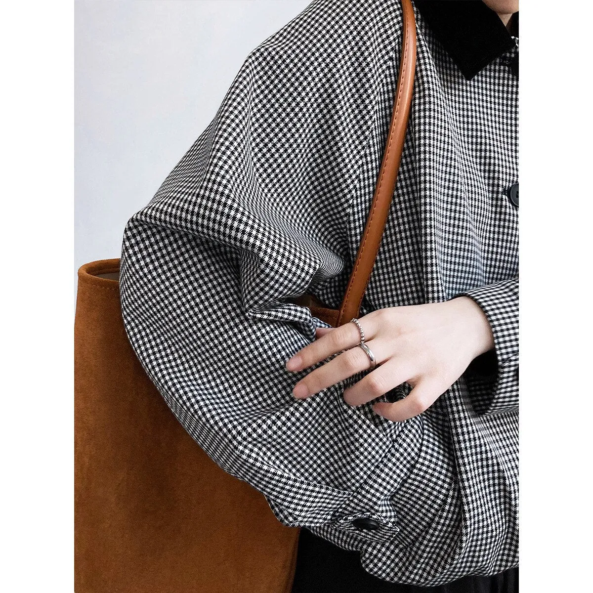 American style retro bird check small lapel velvet patchwork jacket jacket women's casual fashion top