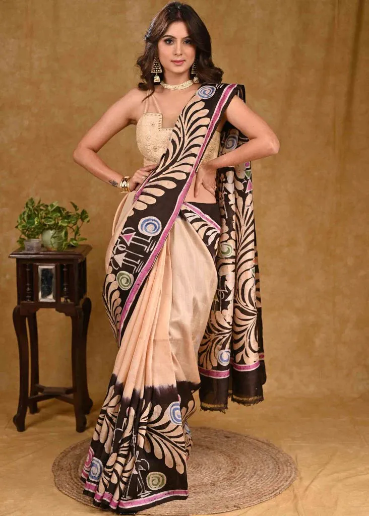 CREAM TUSSAR SILK BATIK SAREE