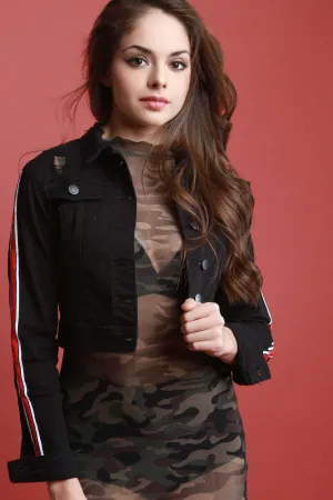 Destroyed Stripe Sleeves Crop Denim Jacket