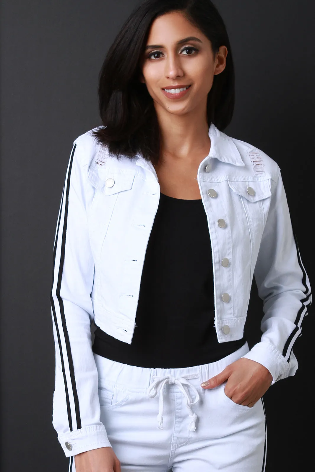 Destroyed Stripe Sleeves Crop Denim Jacket