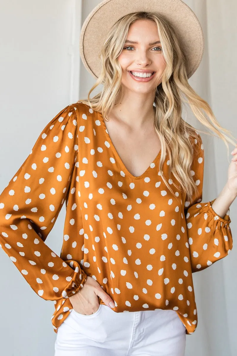 Ditsy Dot Print Satin V-Neck Long Sleeve Top