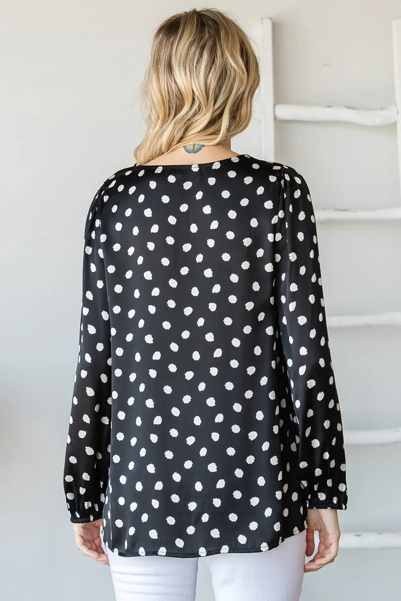 Ditsy Dot Print Satin V-Neck Long Sleeve Top