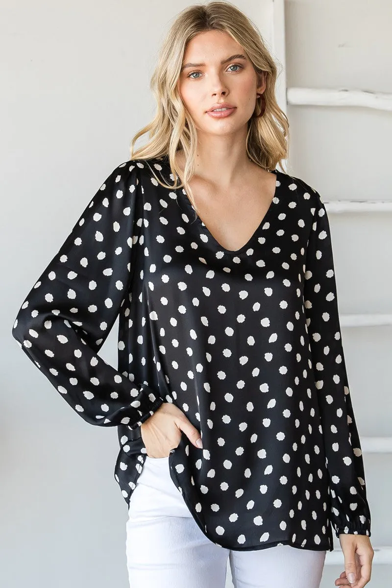 Ditsy Dot Print Satin V-Neck Long Sleeve Top