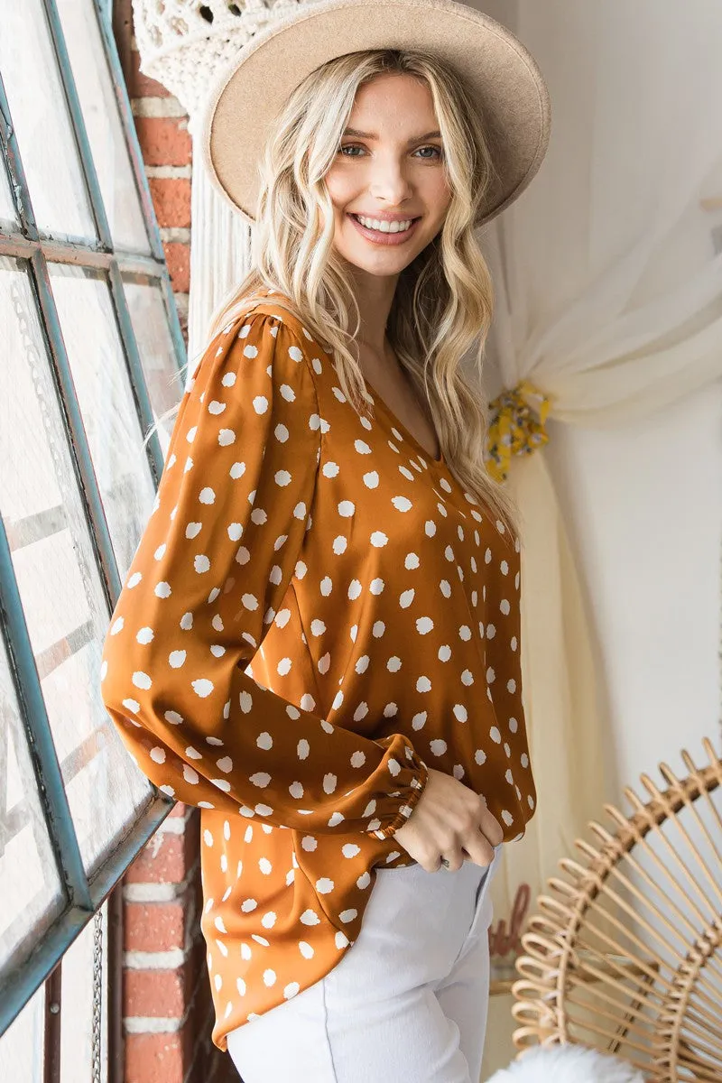 Ditsy Dot Print Satin V-Neck Long Sleeve Top