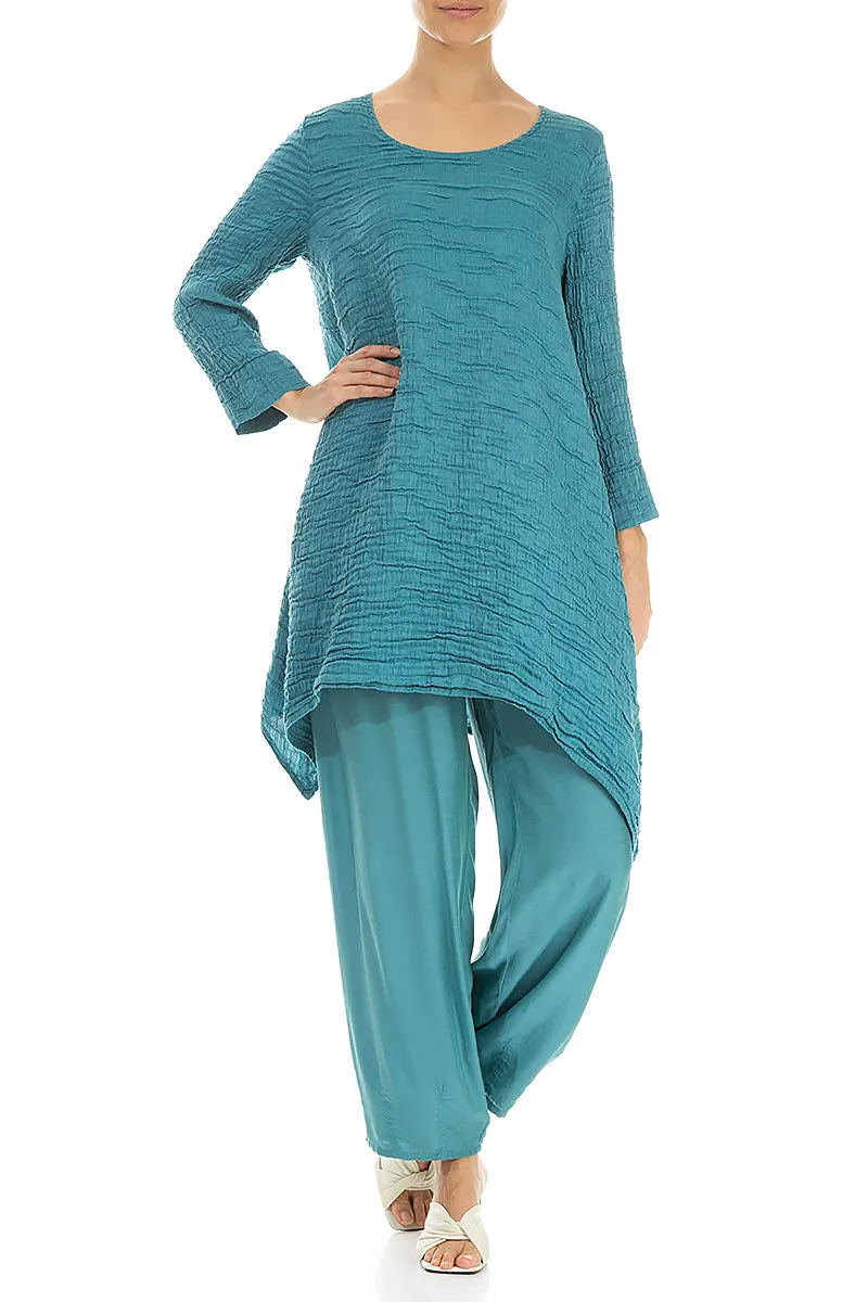 Dropped Edge Turquoise Crinkled Silk Tunic