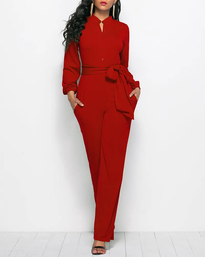 Elegant Long Sleeve Straight Long Pants Jumpsuits Clubwear Rompers with Pockets