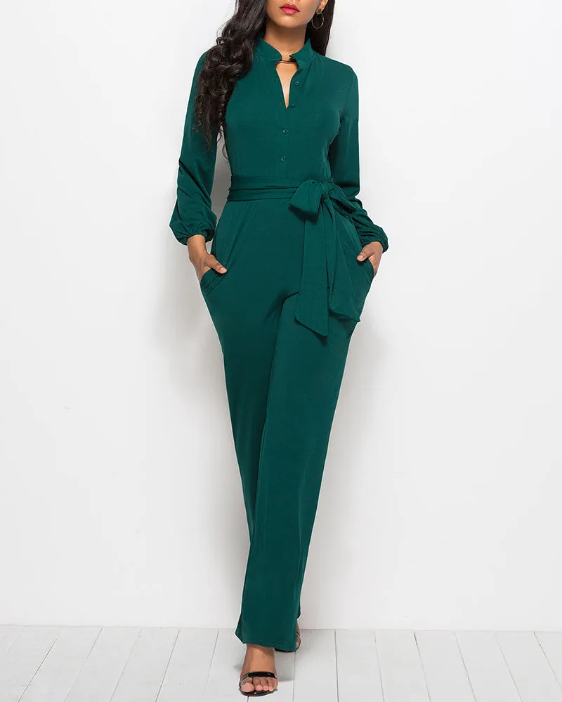 Elegant Long Sleeve Straight Long Pants Jumpsuits Clubwear Rompers with Pockets