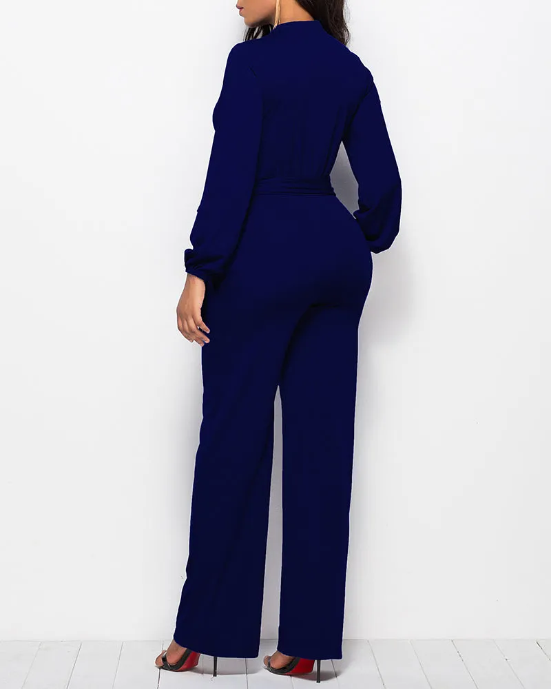 Elegant Long Sleeve Straight Long Pants Jumpsuits Clubwear Rompers with Pockets