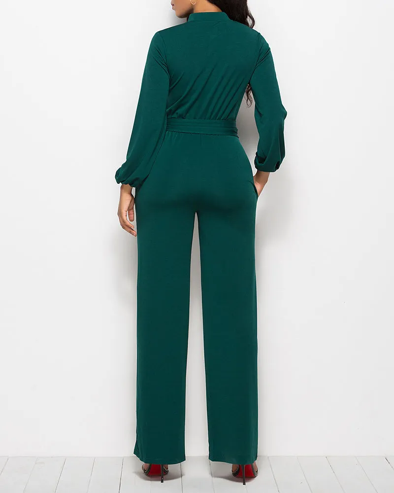 Elegant Long Sleeve Straight Long Pants Jumpsuits Clubwear Rompers with Pockets