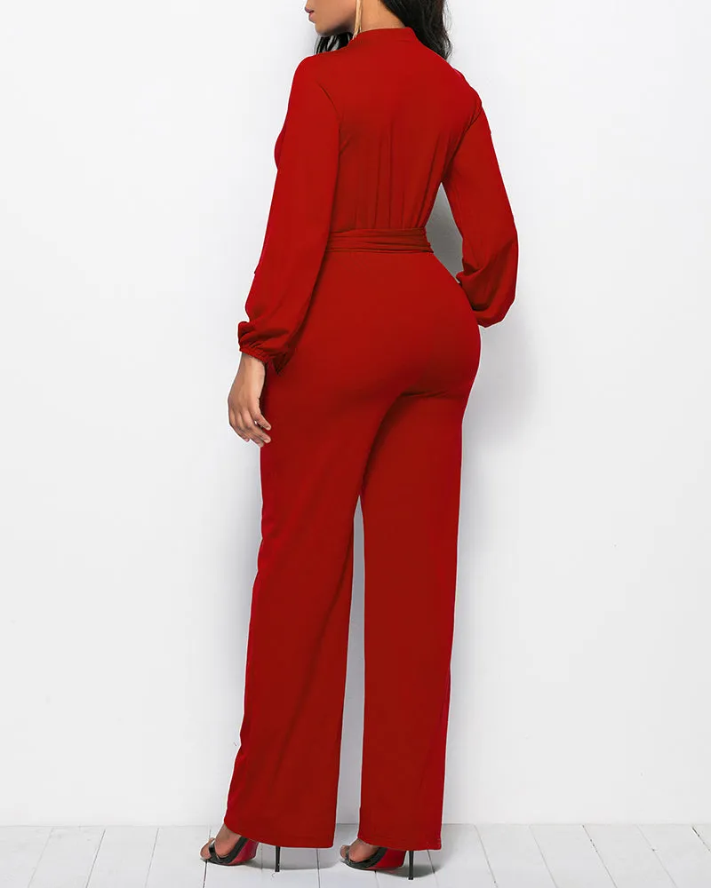 Elegant Long Sleeve Straight Long Pants Jumpsuits Clubwear Rompers with Pockets