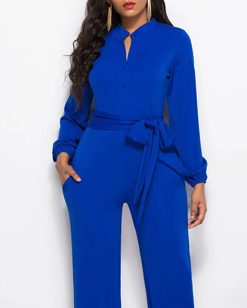 Elegant Long Sleeve Straight Long Pants Jumpsuits Clubwear Rompers with Pockets