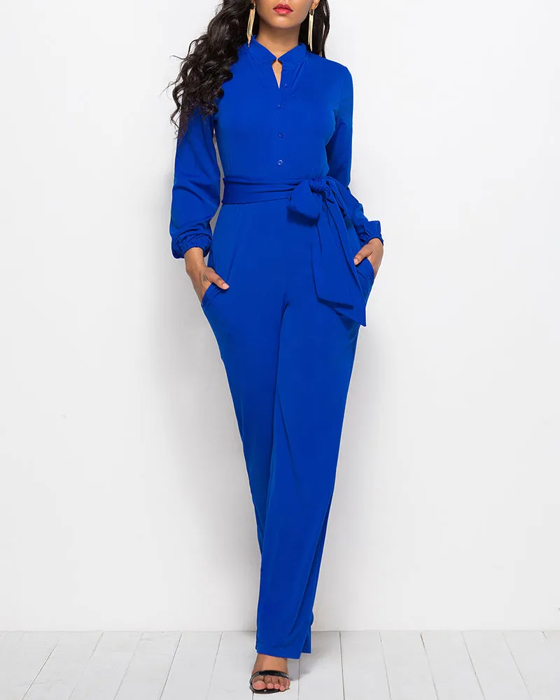 Elegant Long Sleeve Straight Long Pants Jumpsuits Clubwear Rompers with Pockets