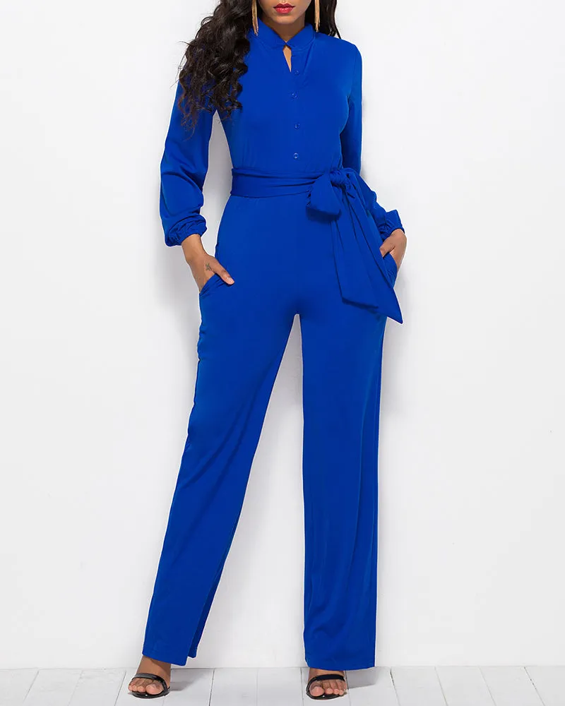 Elegant Long Sleeve Straight Long Pants Jumpsuits Clubwear Rompers with Pockets