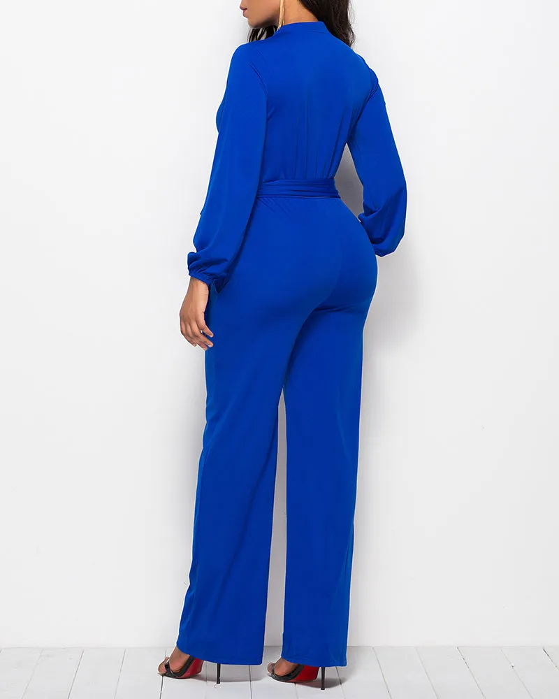Elegant Long Sleeve Straight Long Pants Jumpsuits Clubwear Rompers with Pockets