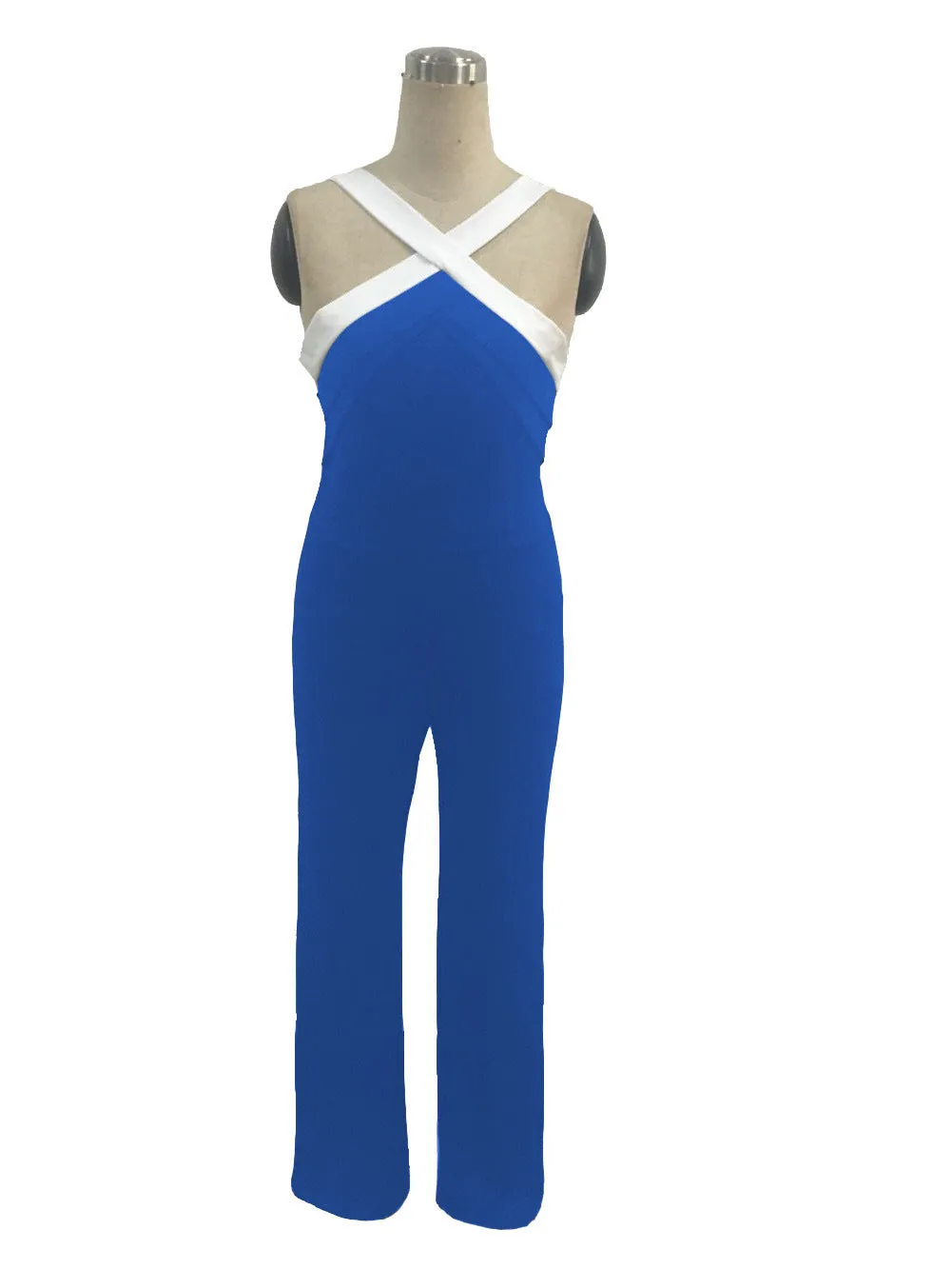 Elegant Patchwork Brief Halter Long Sleeveless Jumpsuits