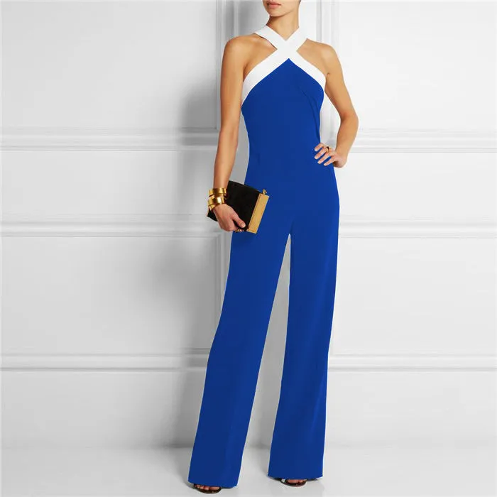 Elegant Patchwork Brief Halter Long Sleeveless Jumpsuits