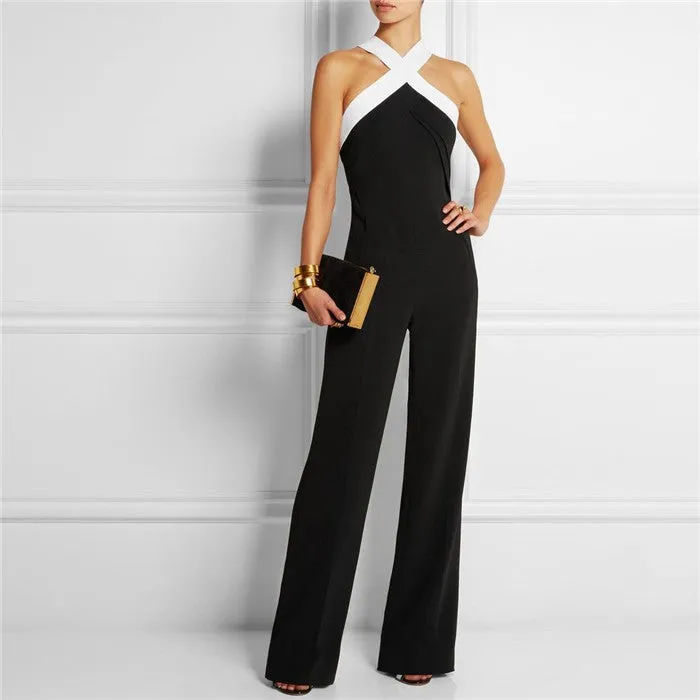 Elegant Patchwork Brief Halter Long Sleeveless Jumpsuits