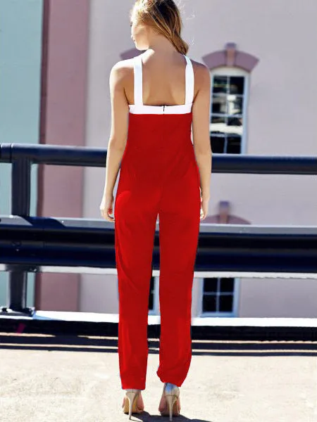Elegant Patchwork Brief Halter Long Sleeveless Jumpsuits