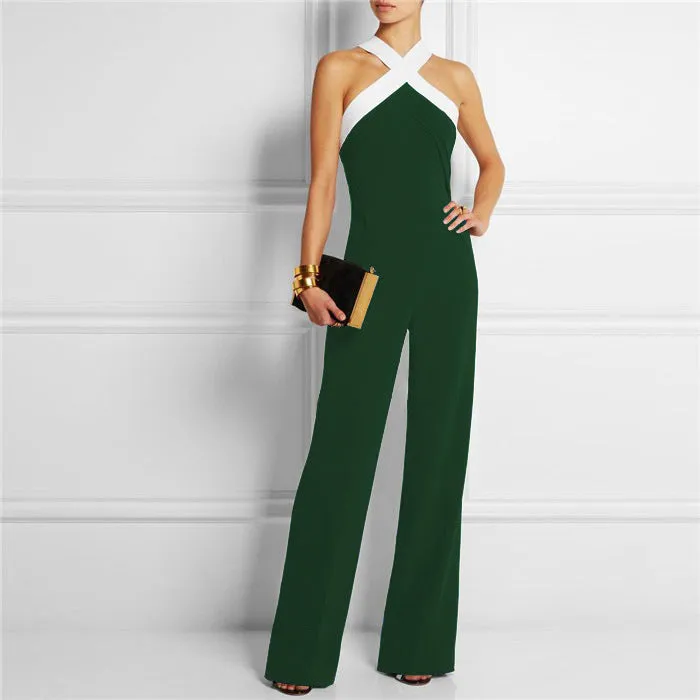 Elegant Patchwork Brief Halter Long Sleeveless Jumpsuits