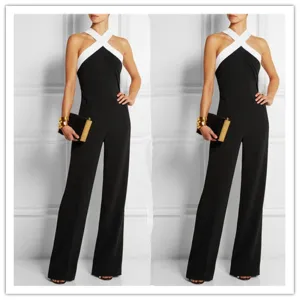 Elegant Patchwork Brief Halter Long Sleeveless Jumpsuits