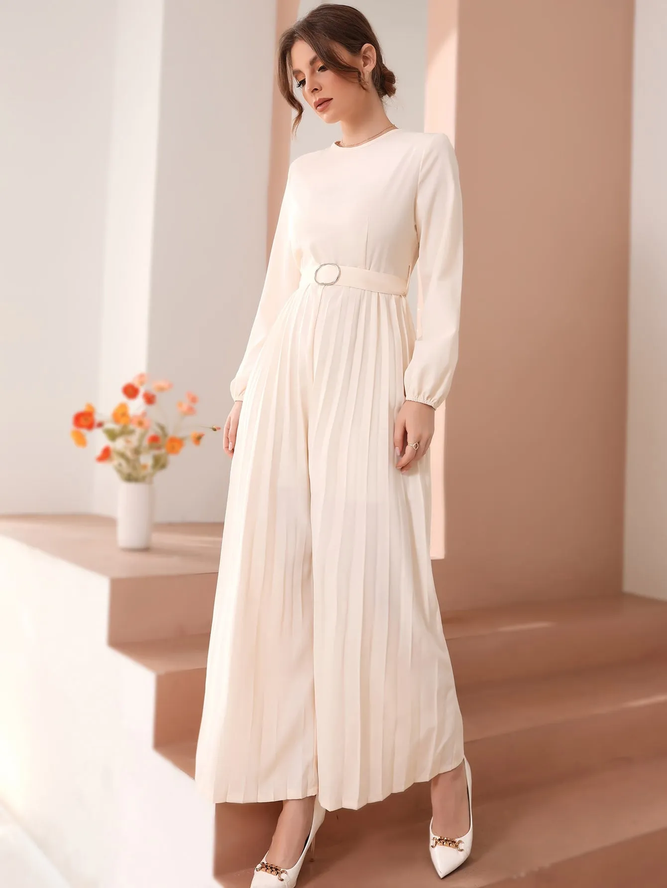 Elegant Plain Belted Long Sleeve Round Neck High Waist Women Jumpsuit