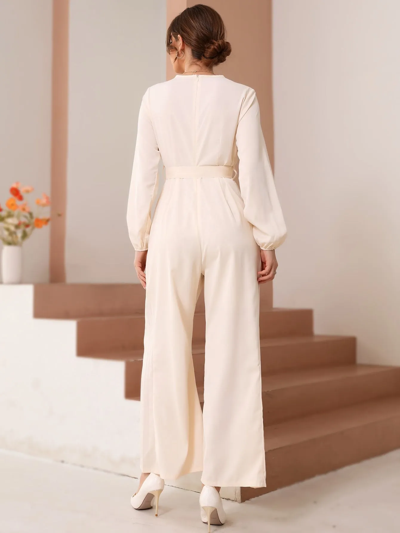 Elegant Plain Belted Long Sleeve Round Neck High Waist Women Jumpsuit