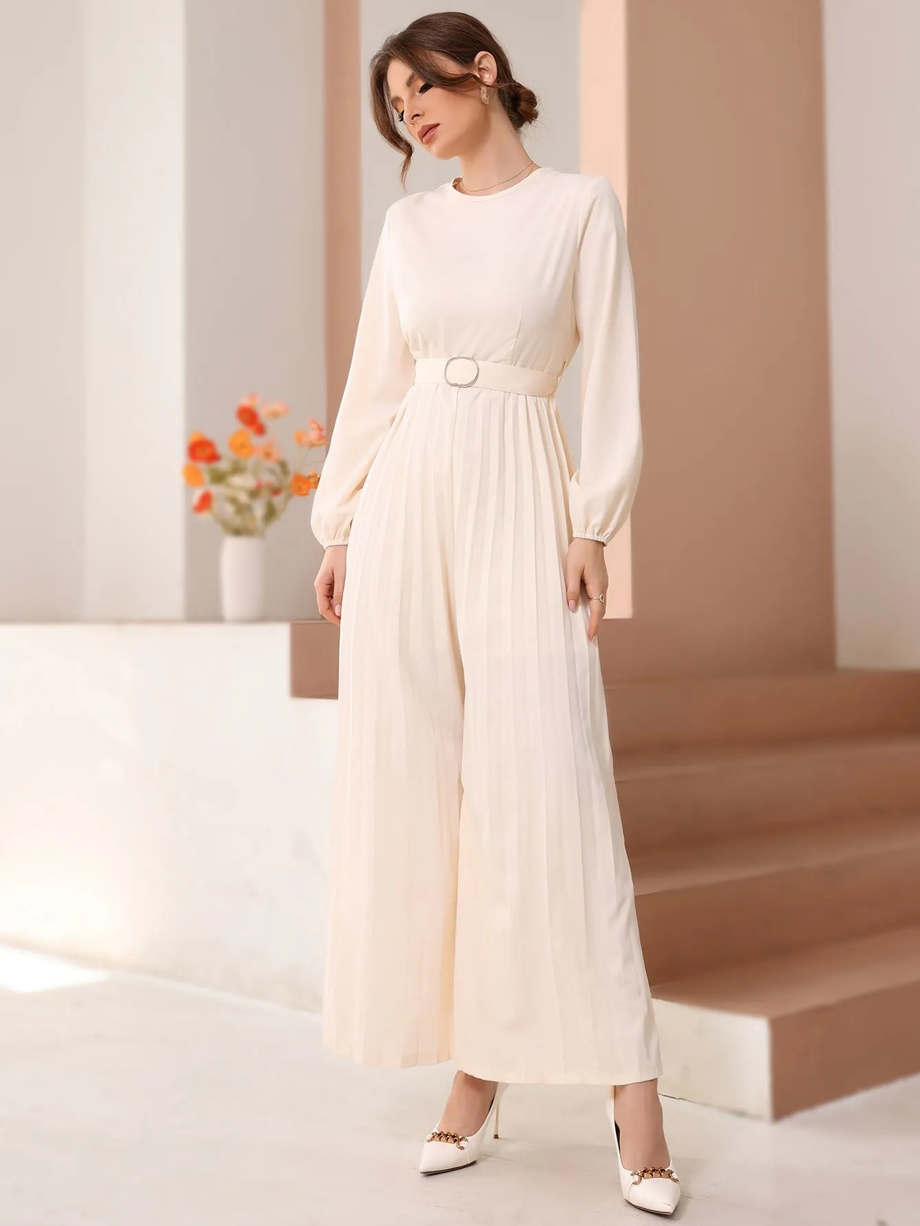 Elegant Plain Belted Long Sleeve Round Neck High Waist Women Jumpsuit
