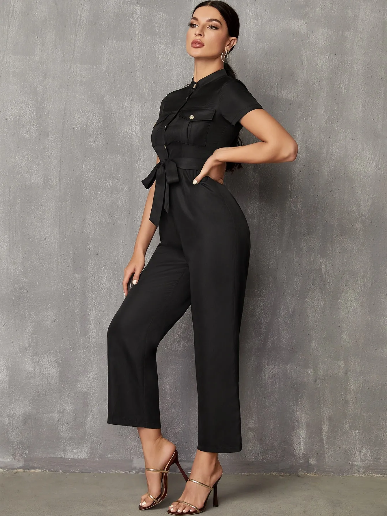 Elegant Plain Button Front Short Sleeve Stand Collar High Waist Long Women Jumpsuit