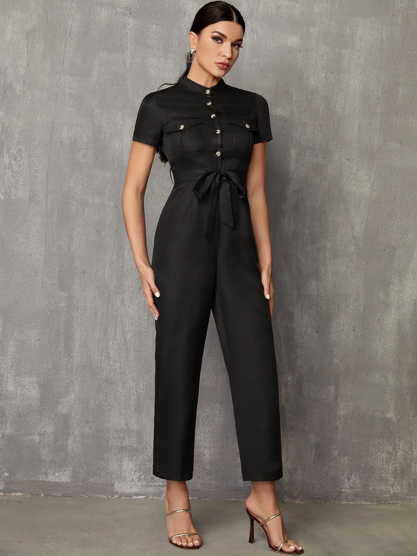 Elegant Plain Button Front Short Sleeve Stand Collar High Waist Long Women Jumpsuit