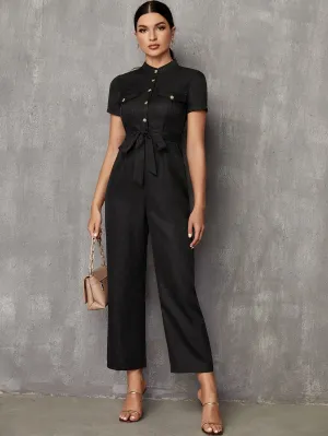 Elegant Plain Button Front Short Sleeve Stand Collar High Waist Long Women Jumpsuit