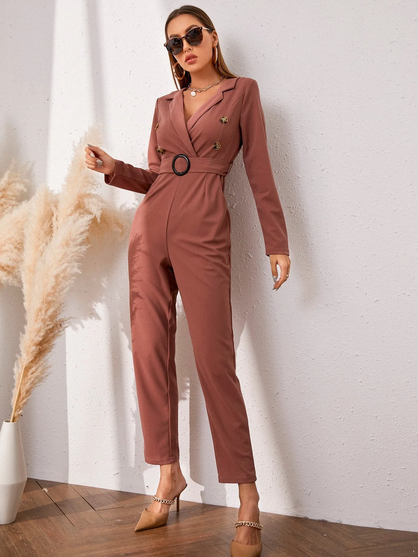 Elegant Plain Double Button Long Sleeve Lapel High Waist Capris Women Jumpsuit