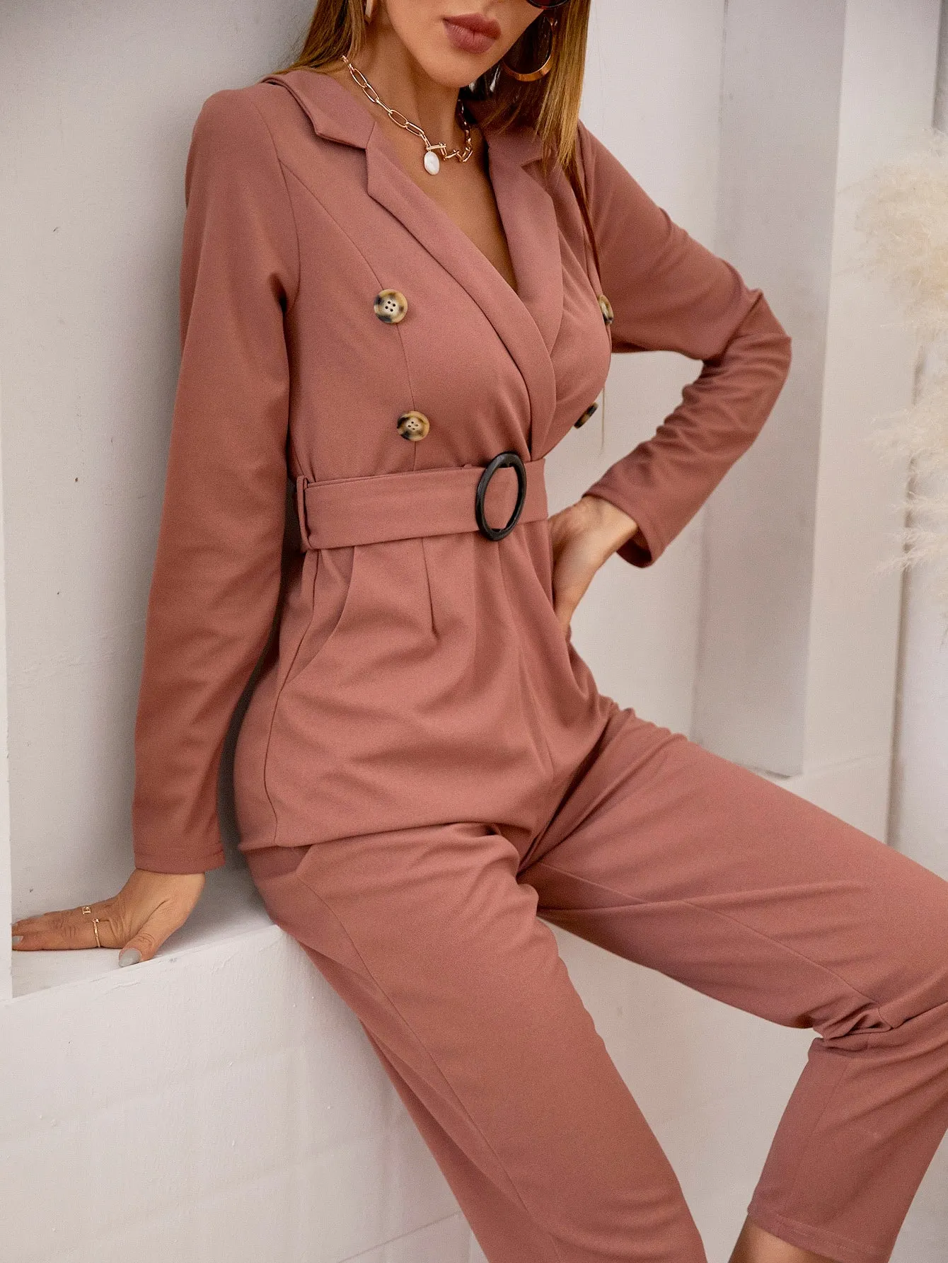Elegant Plain Double Button Long Sleeve Lapel High Waist Capris Women Jumpsuit