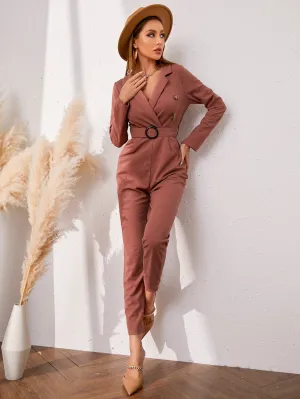Elegant Plain Double Button Long Sleeve Lapel High Waist Capris Women Jumpsuit