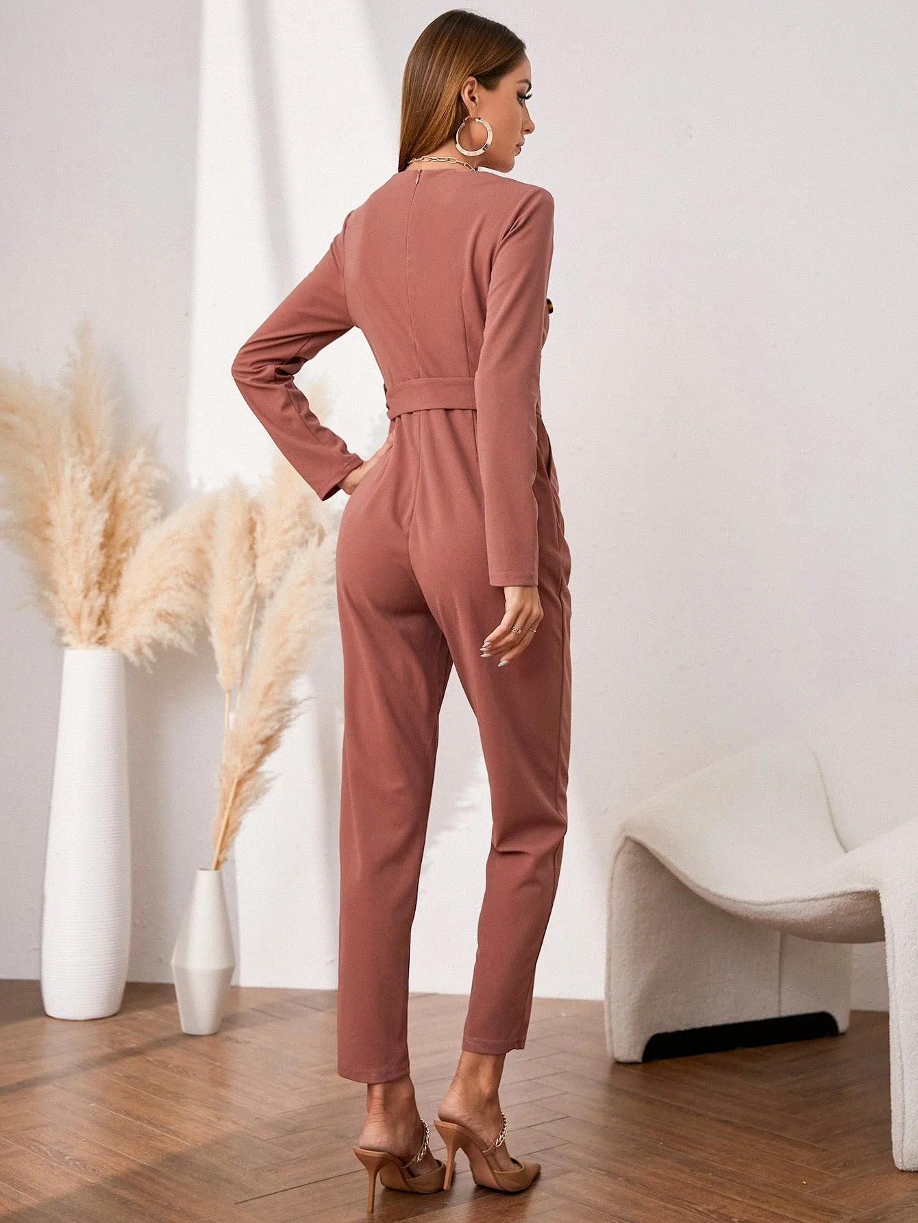 Elegant Plain Double Button Long Sleeve Lapel High Waist Capris Women Jumpsuit