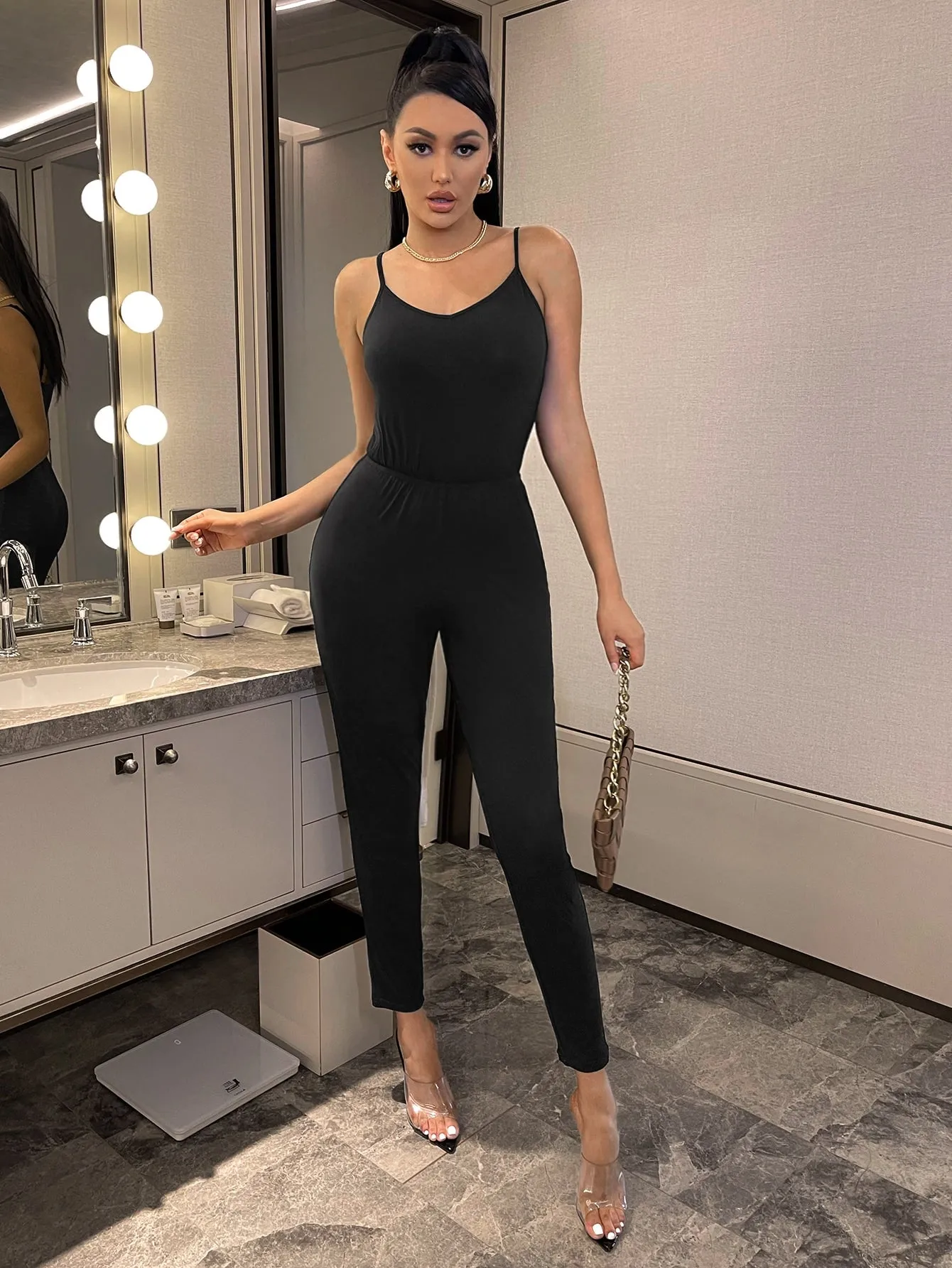 Elegant Plain Sleeveless Spaghetti Strap High Waist Long Women Jumpsuit