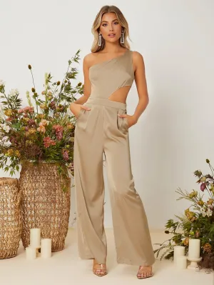 Elegant Plain Zipper Sleeveless One Shoulder High Waist Long Women Jumpsuit