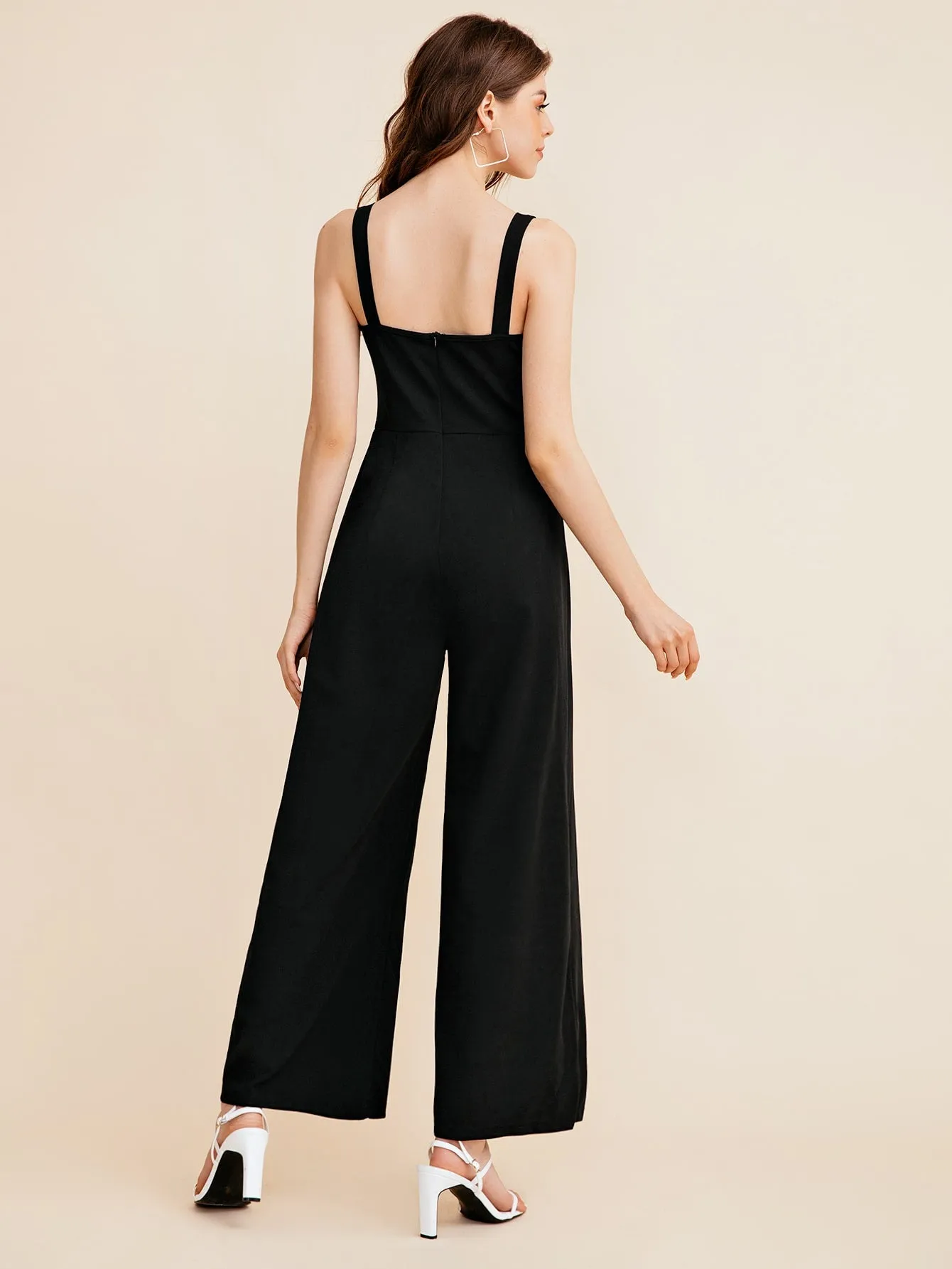 Elegant Plain Zipper Sleeveless Straps High Waist Long Women Jumpsuit