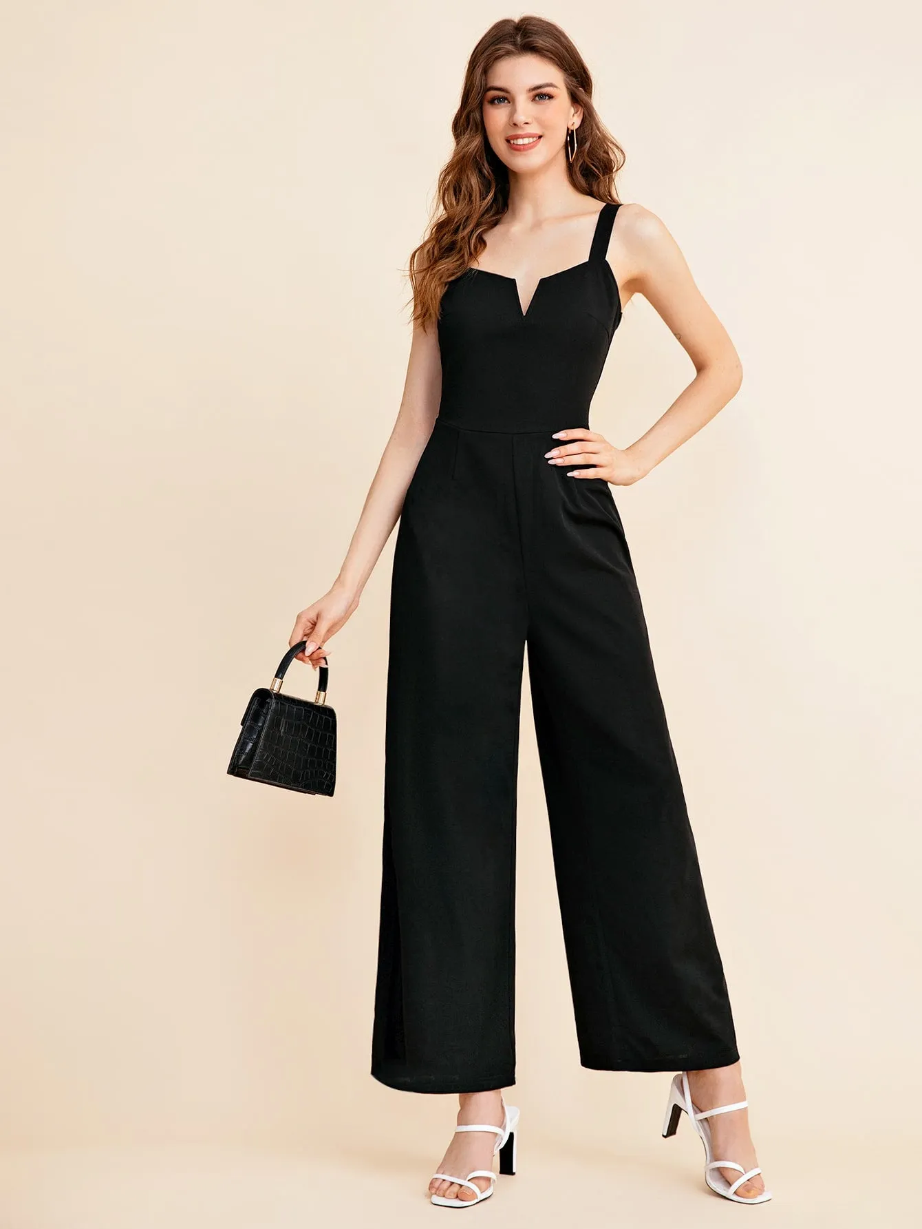Elegant Plain Zipper Sleeveless Straps High Waist Long Women Jumpsuit