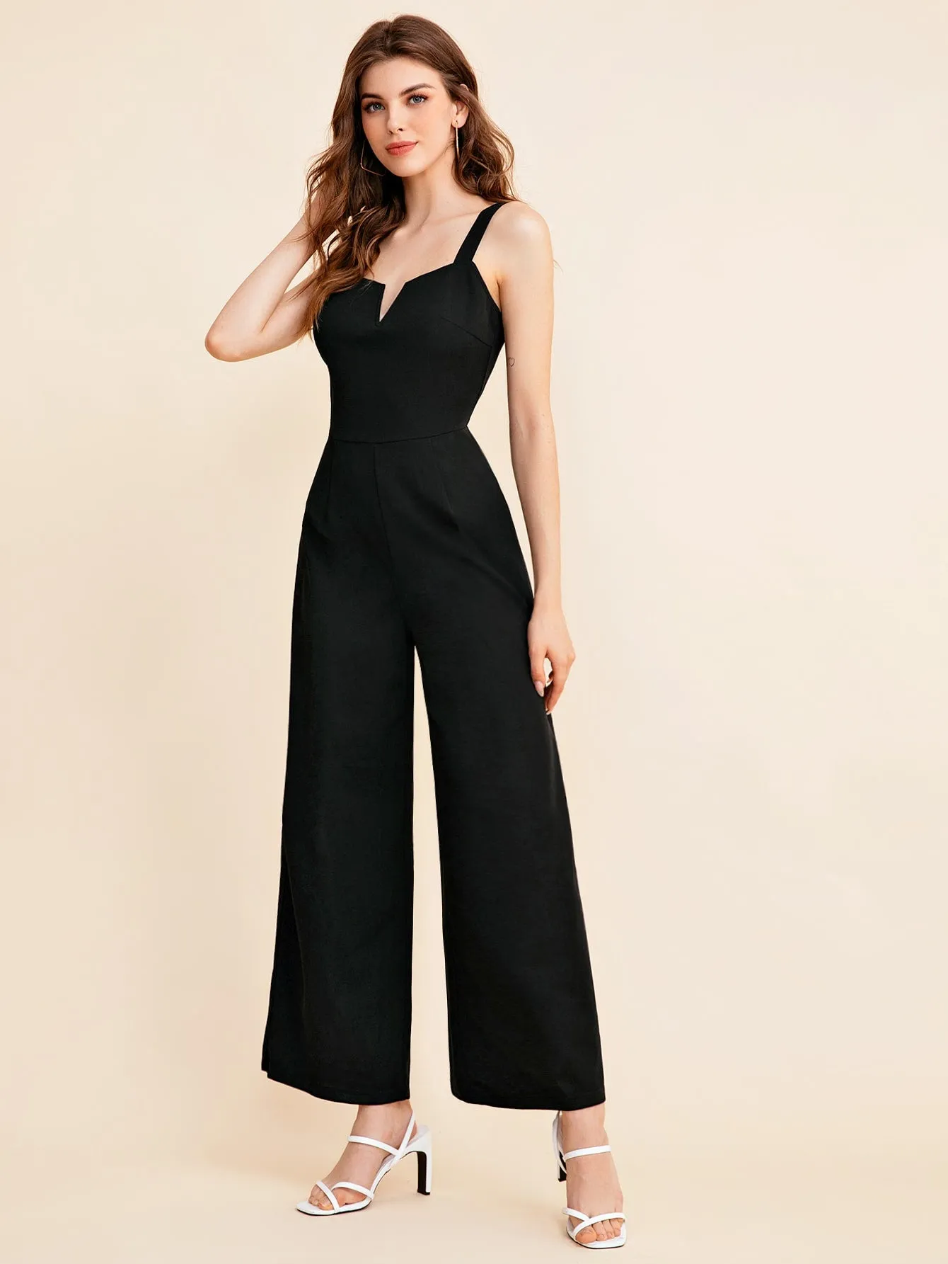 Elegant Plain Zipper Sleeveless Straps High Waist Long Women Jumpsuit