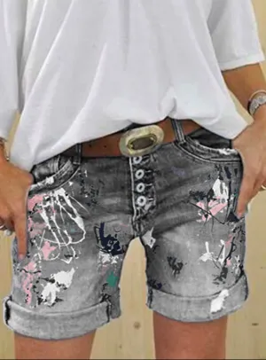 Fashion Washed Printed Jeans Shorts