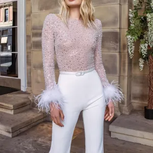 Fashionkova  Elegant Bodycon Jumpsuit Women Slim Fit Straight Sequins Feather Stitching Long Sleeves Spring Romber Lady Party Sexy Playsuit