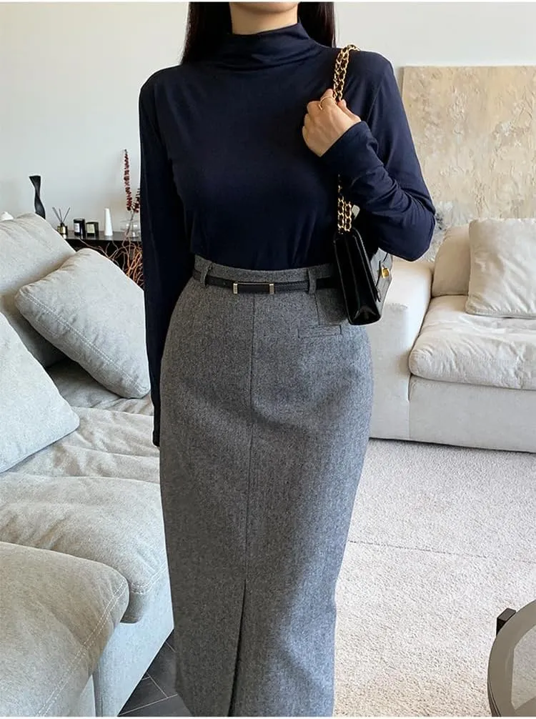 Gray Fitted Skirt for Women with Thickened High-Waist Mid-Length Half Skirt in Autumn and Winter