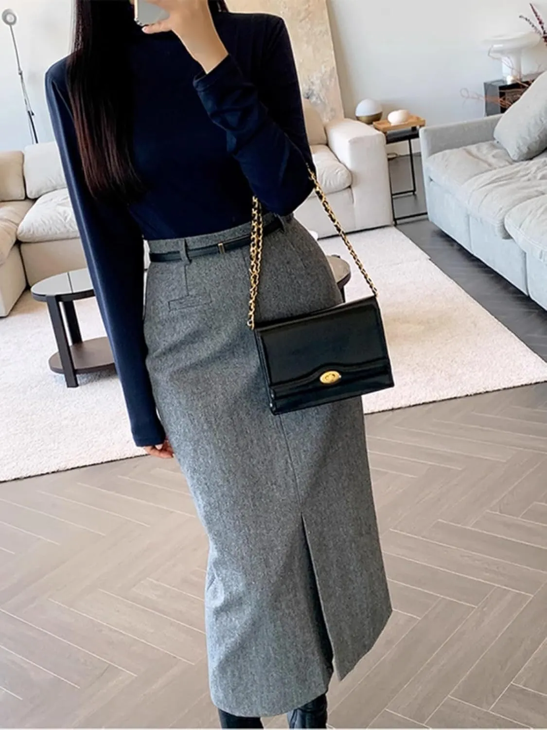 Gray Fitted Skirt for Women with Thickened High-Waist Mid-Length Half Skirt in Autumn and Winter