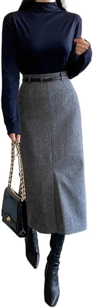 Gray Fitted Skirt for Women with Thickened High-Waist Mid-Length Half Skirt in Autumn and Winter