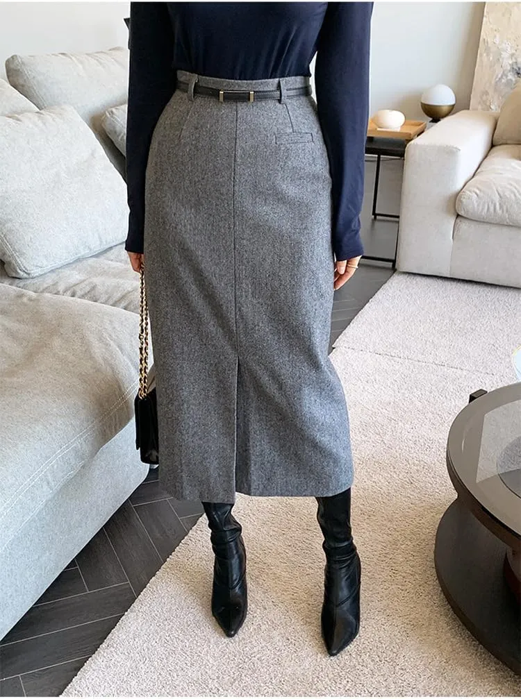 Gray Fitted Skirt for Women with Thickened High-Waist Mid-Length Half Skirt in Autumn and Winter