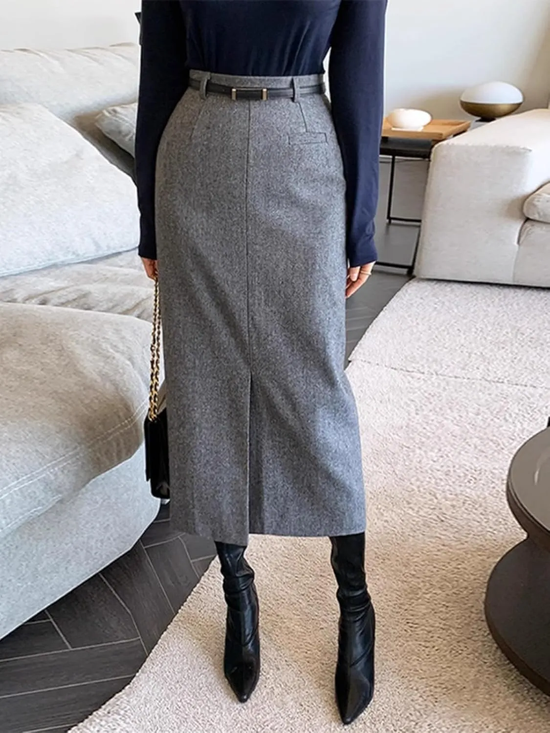 Gray Fitted Skirt for Women with Thickened High-Waist Mid-Length Half Skirt in Autumn and Winter
