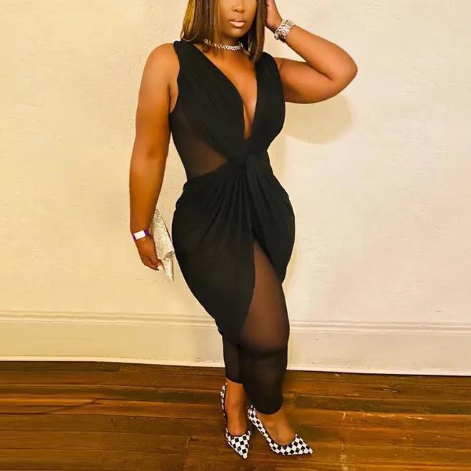 High-end Plus Size Sleeveless V Neck High Waist Jumpsuit