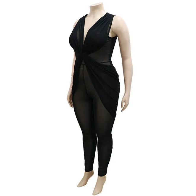 High-end Plus Size Sleeveless V Neck High Waist Jumpsuit